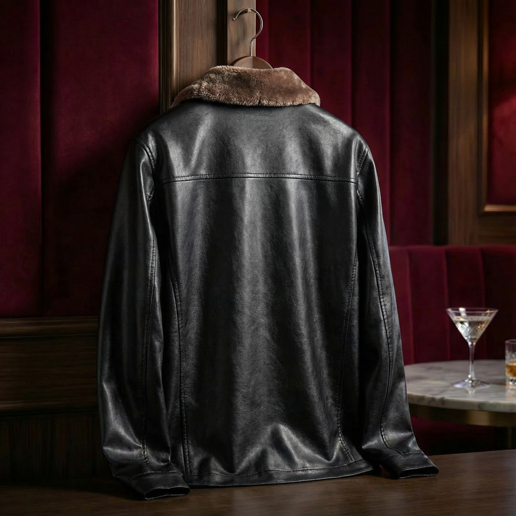 Blouson homme aspect cuir fourrure synthétique col montant