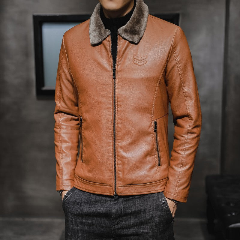Blouson homme aspect cuir fourrure synthétique zippé