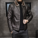 Blouson homme aspect cuir fourrure synthétique zippé