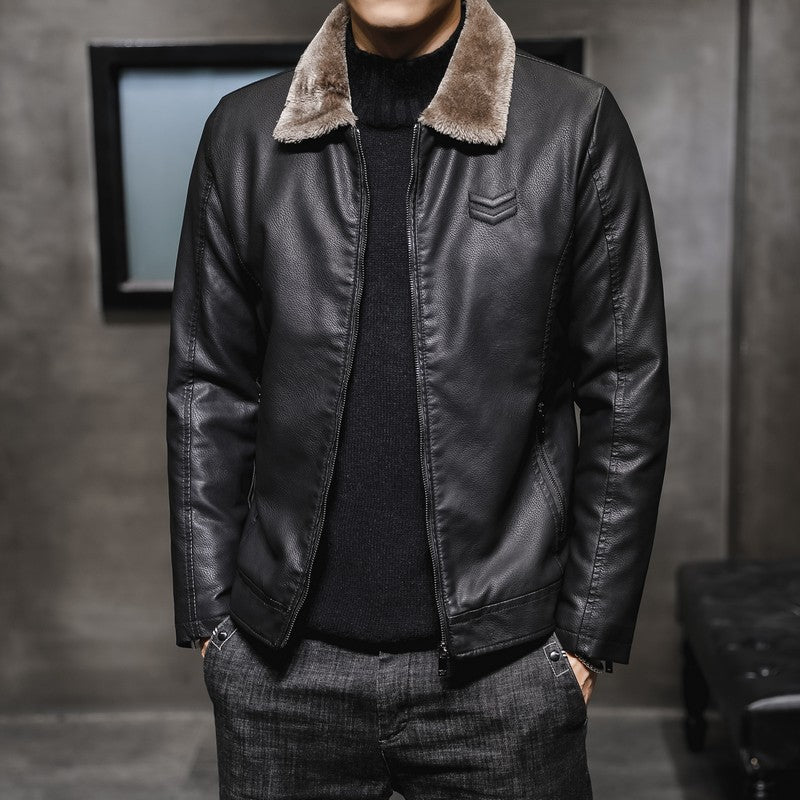 Blouson homme aspect cuir fourrure synthétique zippé