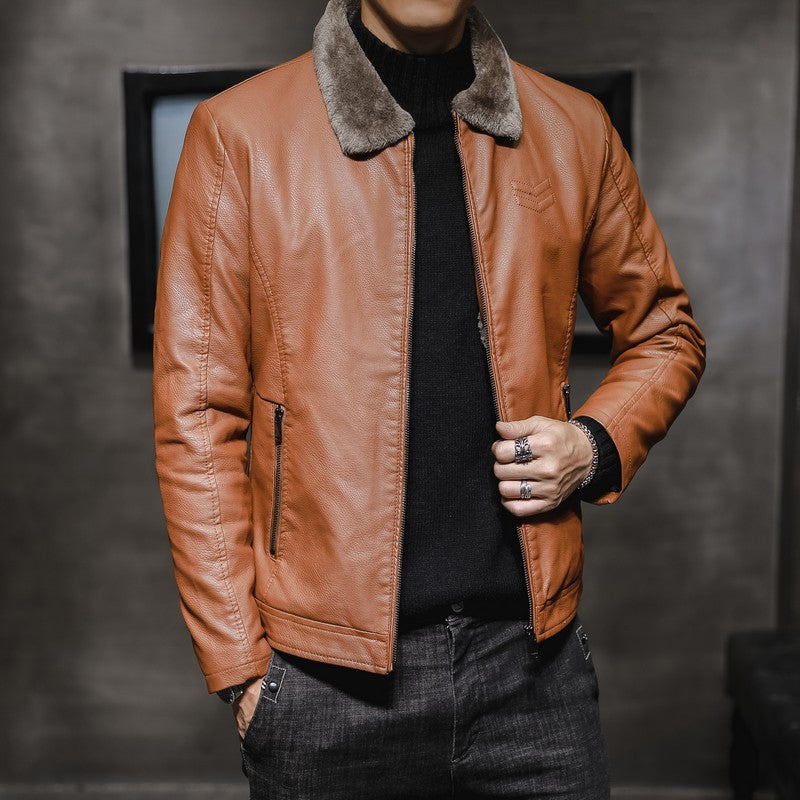 Blouson homme aspect cuir fourrure synthétique zippé