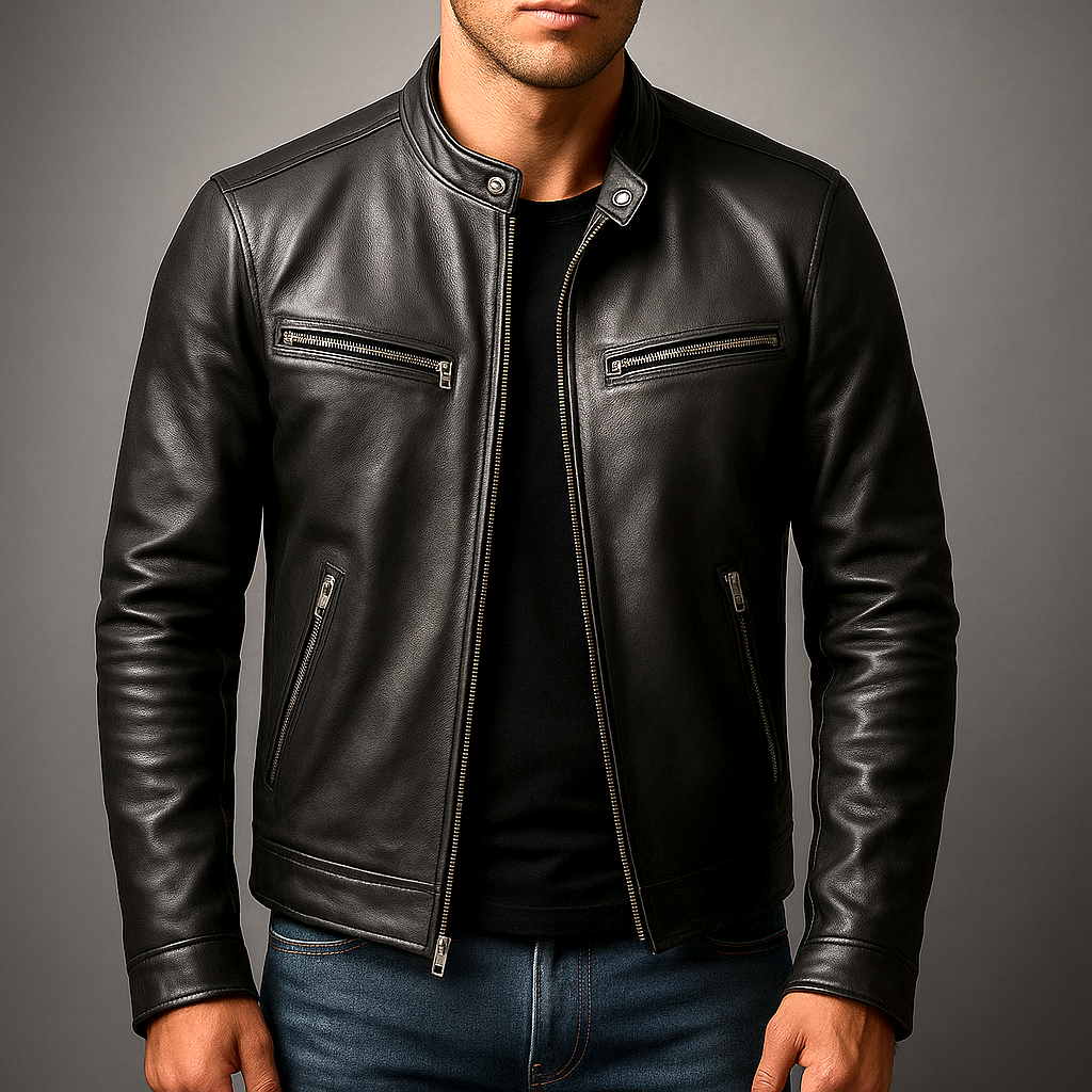 Blouson homme cuir-look col montant zippé