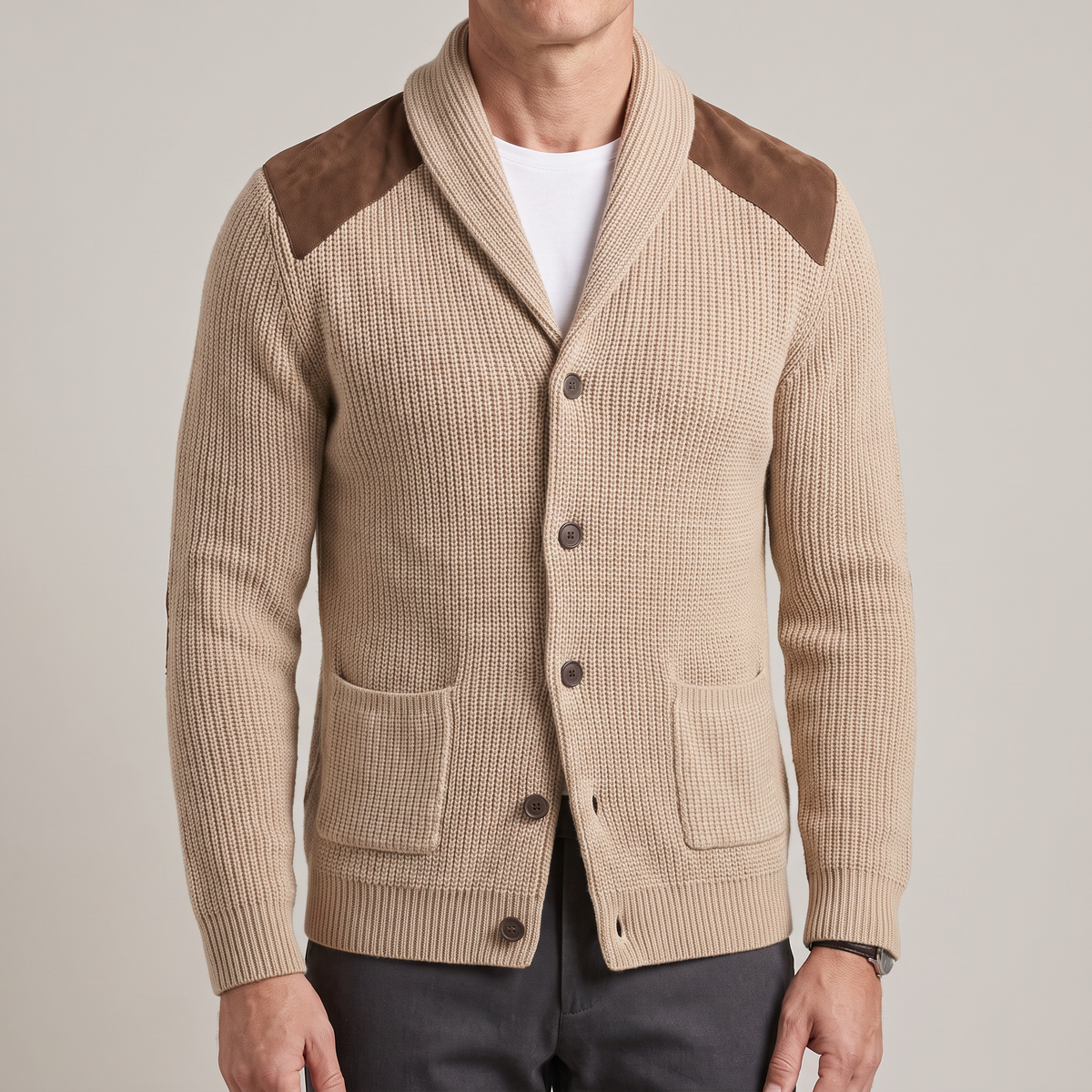 Cardigan homme maille col châle à empiècements