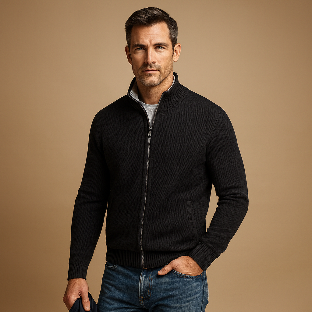 Cardigan homme maille col montant zippé