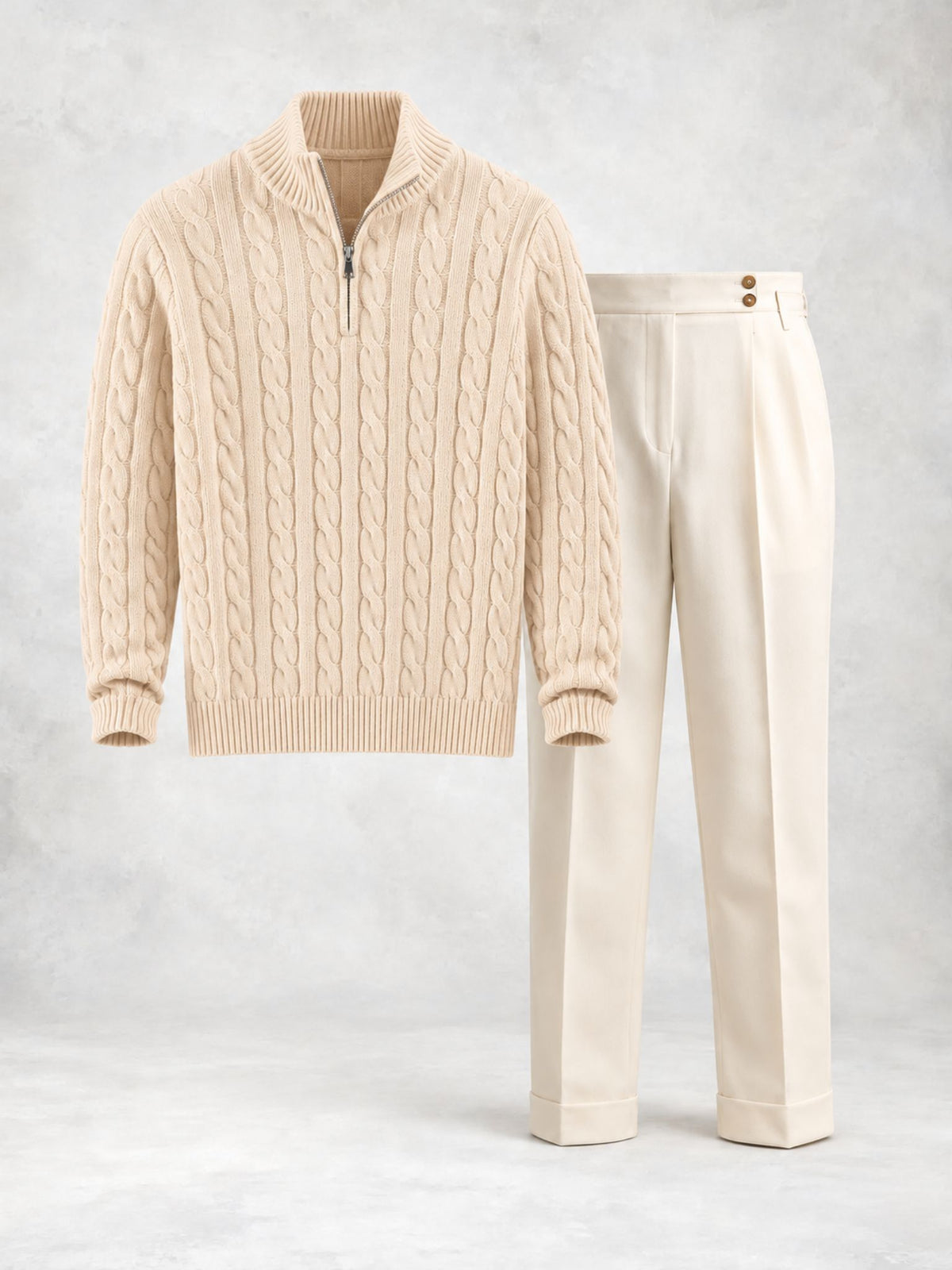 Ensemble homme pull maille torsadée demi-zip et pantalon