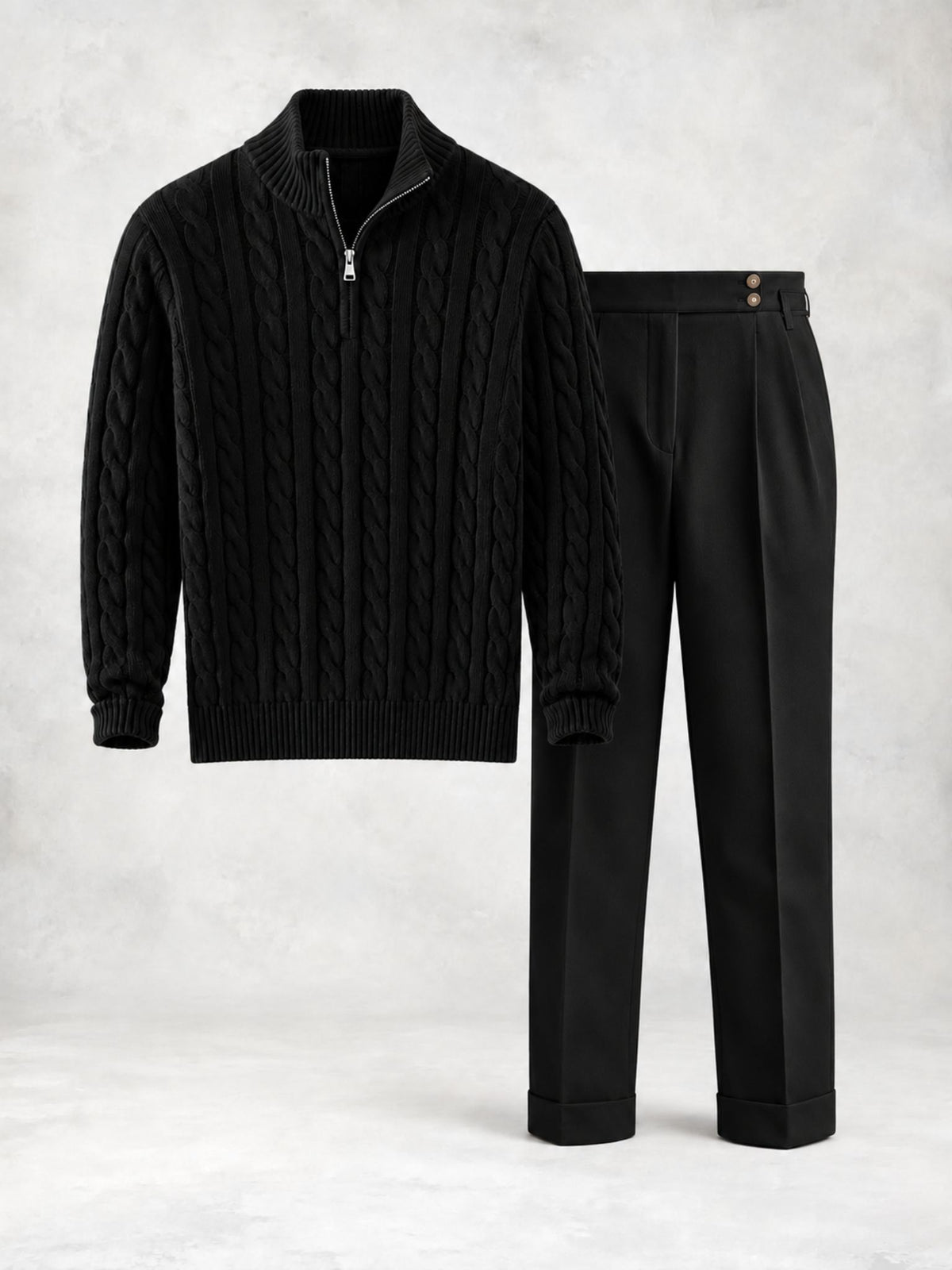 Ensemble homme pull maille torsadée demi-zip et pantalon