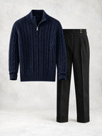 Ensemble homme pull maille torsadée demi-zip et pantalon