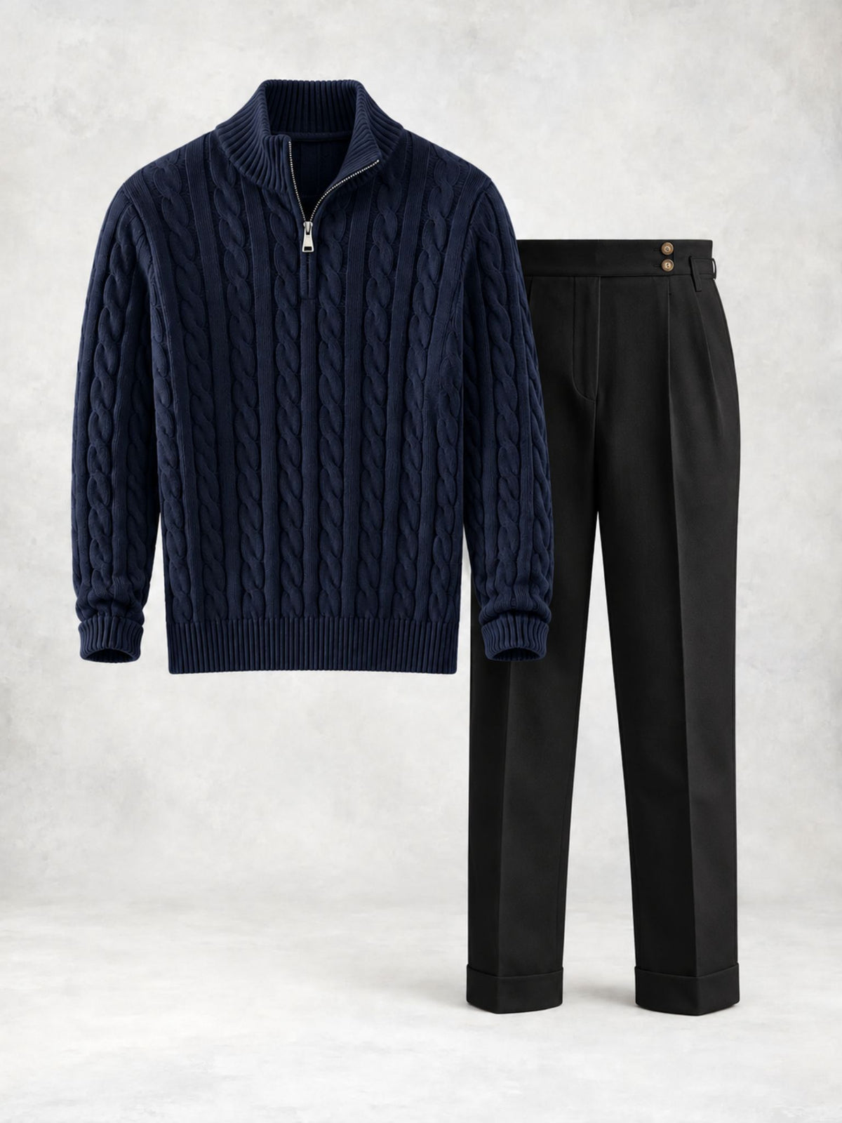 Ensemble homme pull maille torsadée demi-zip et pantalon