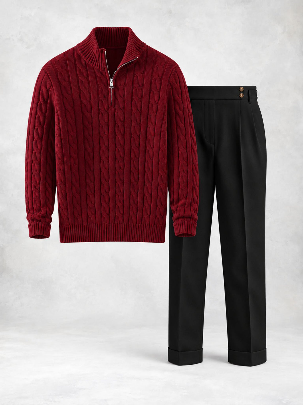 Ensemble homme pull maille torsadée demi-zip et pantalon