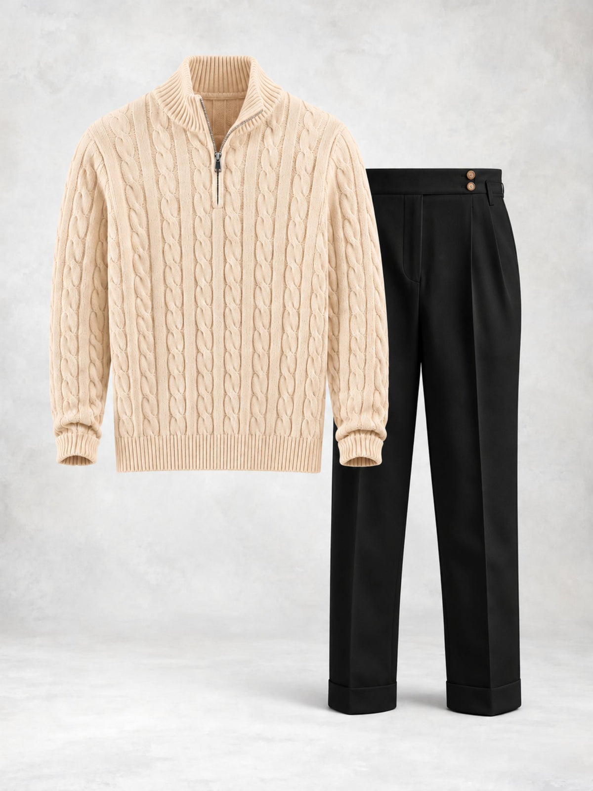 Ensemble homme pull maille torsadée demi-zip et pantalon
