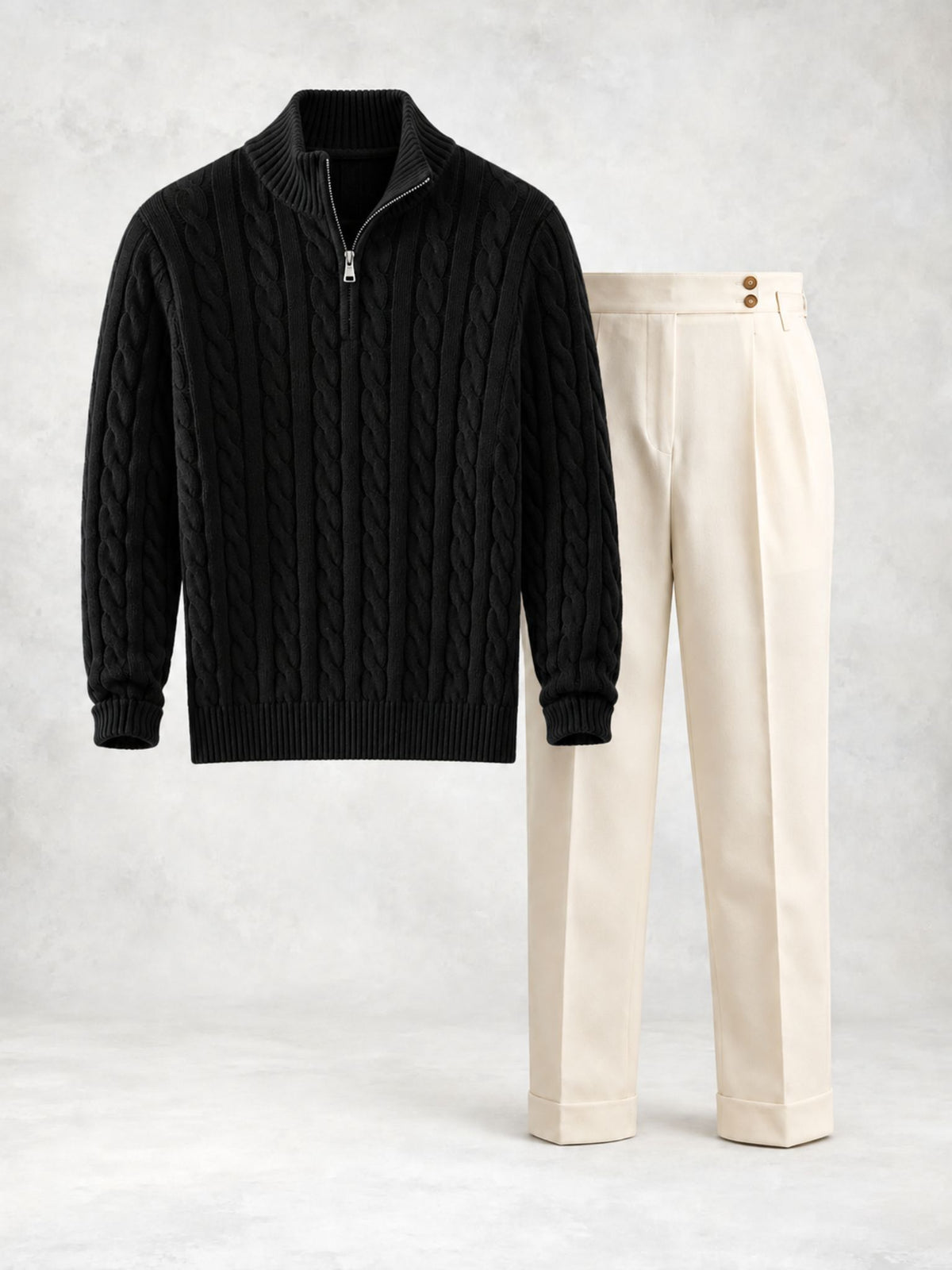 Ensemble homme pull maille torsadée demi-zip et pantalon