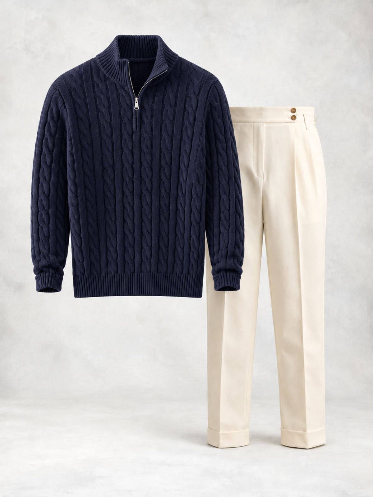 Ensemble homme pull maille torsadée demi-zip et pantalon