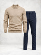 Ensemble homme pull maille col montant pantalon droit