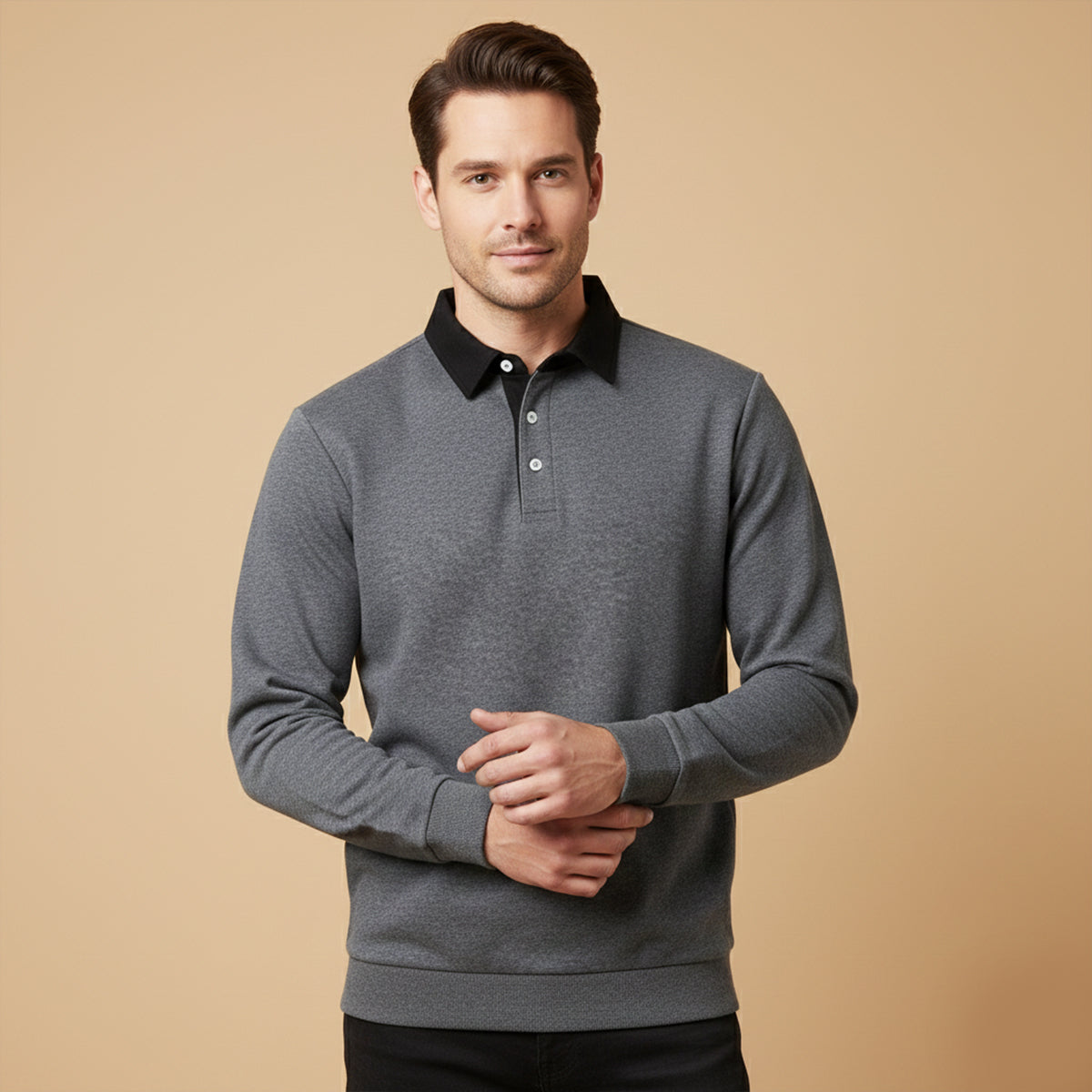 Polo homme à col contrasté manches longues