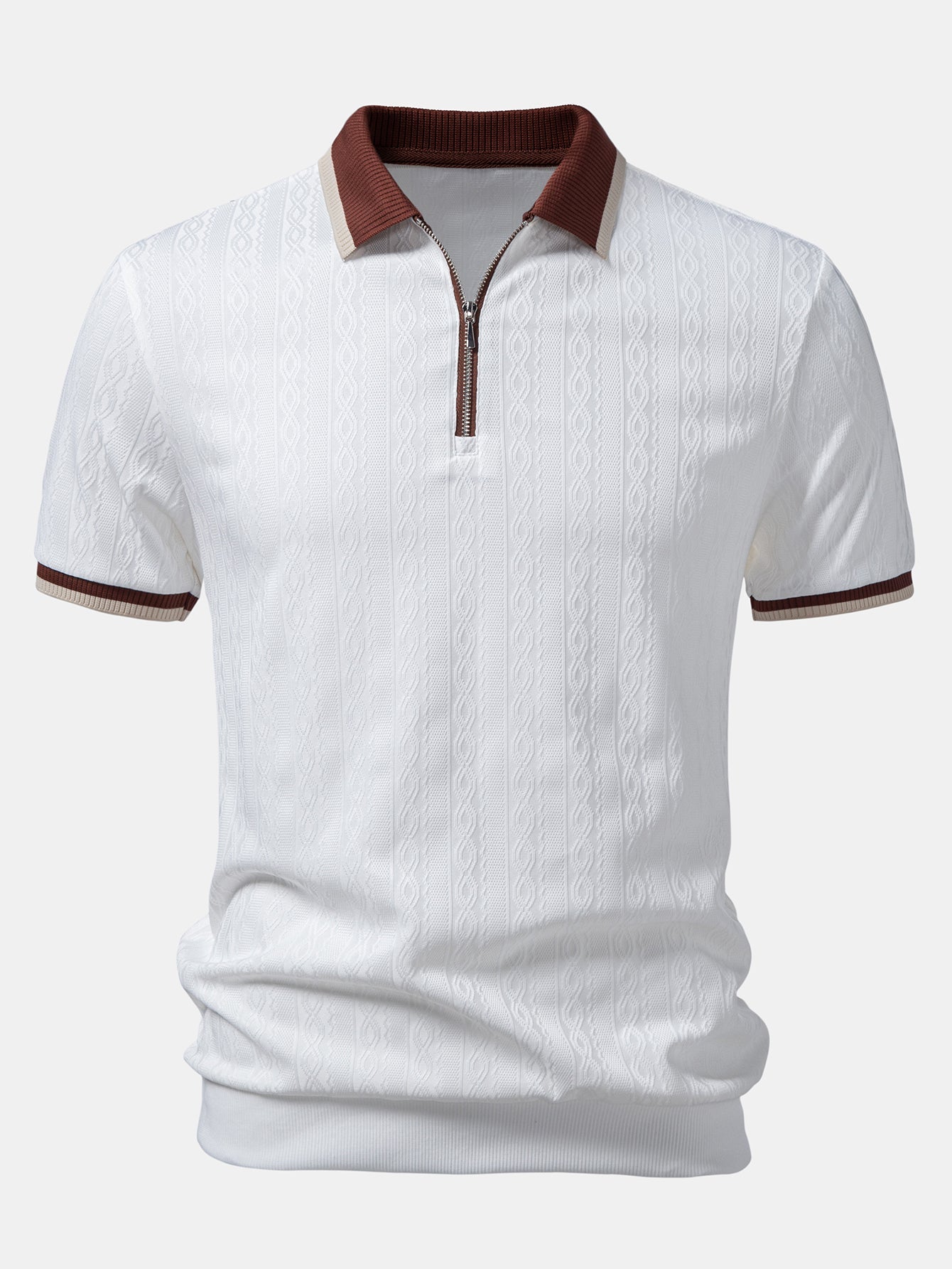 Polo homme texturé à col zippé contrasté