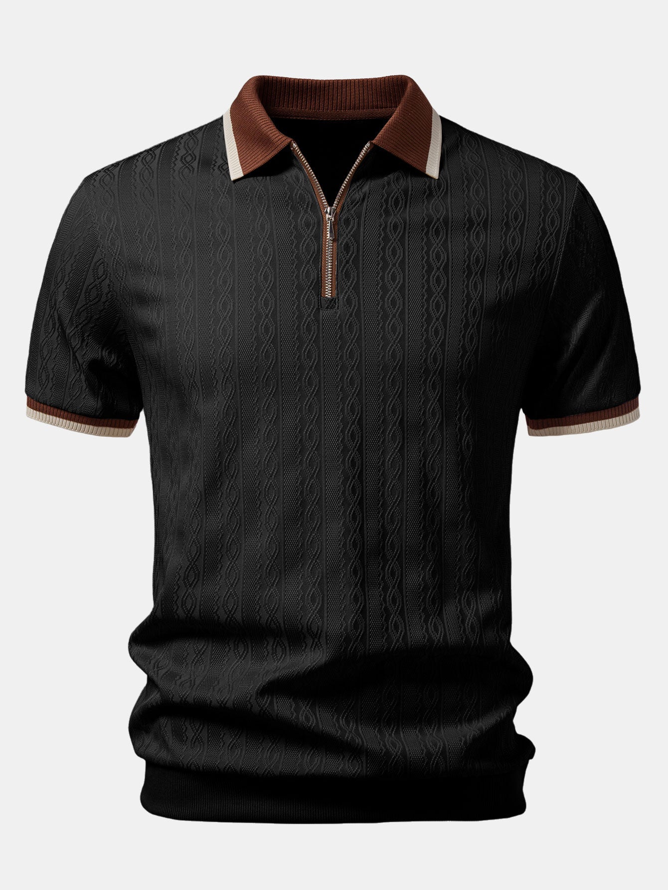 Polo homme texturé à col zippé contrasté