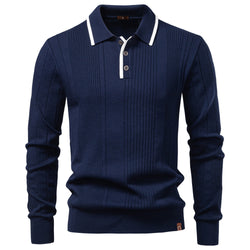 Pull homme maille côtelée col polo manches longues