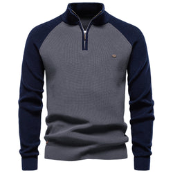 Pull homme maille col montant demi-zip manches raglan
