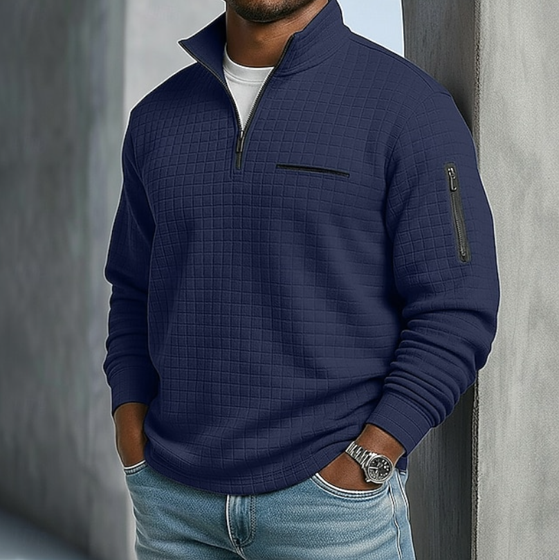 Pull homme gaufré demi-zip manches longues