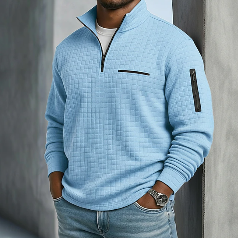 Pull homme gaufré demi-zip manches longues