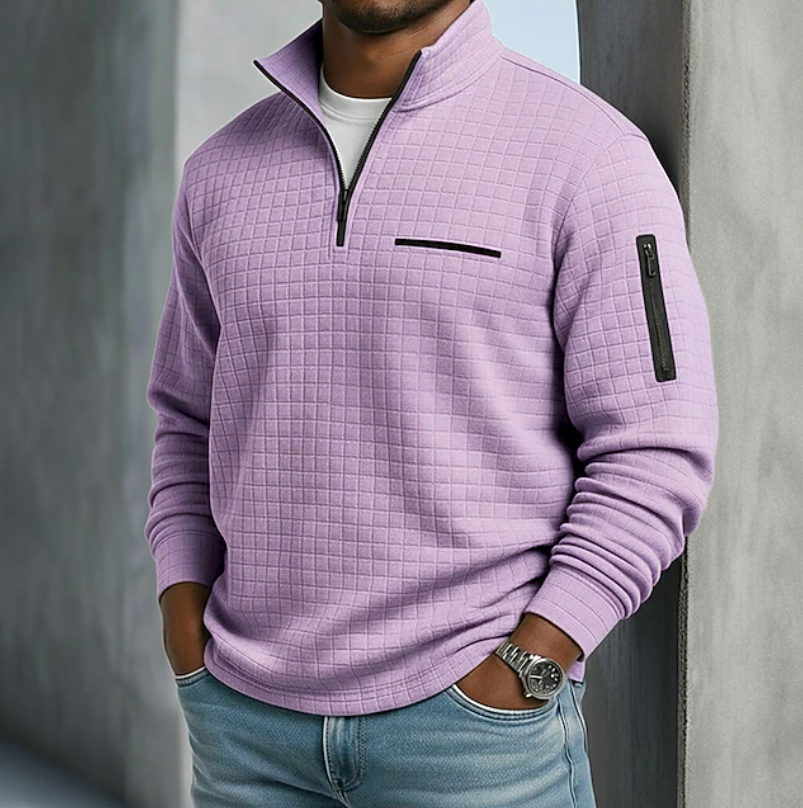 Pull homme gaufré demi-zip manches longues