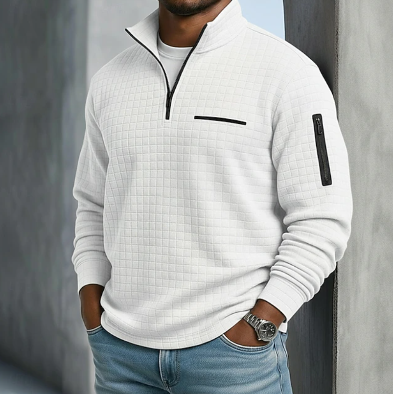 Pull homme gaufré demi-zip manches longues