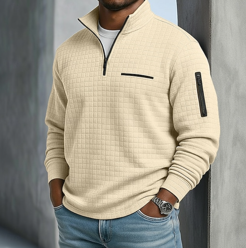 Pull homme gaufré demi-zip manches longues