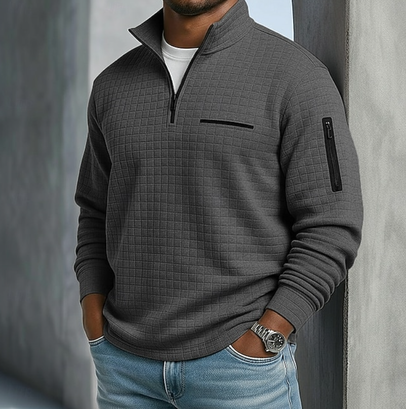 Pull homme gaufré demi-zip manches longues