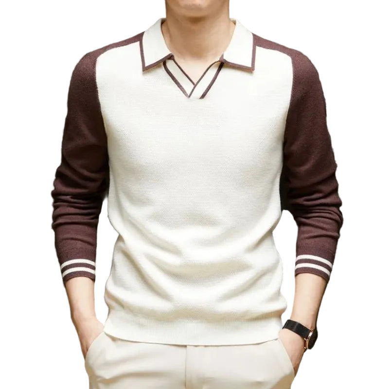 Pull homme maille col polo manches longues