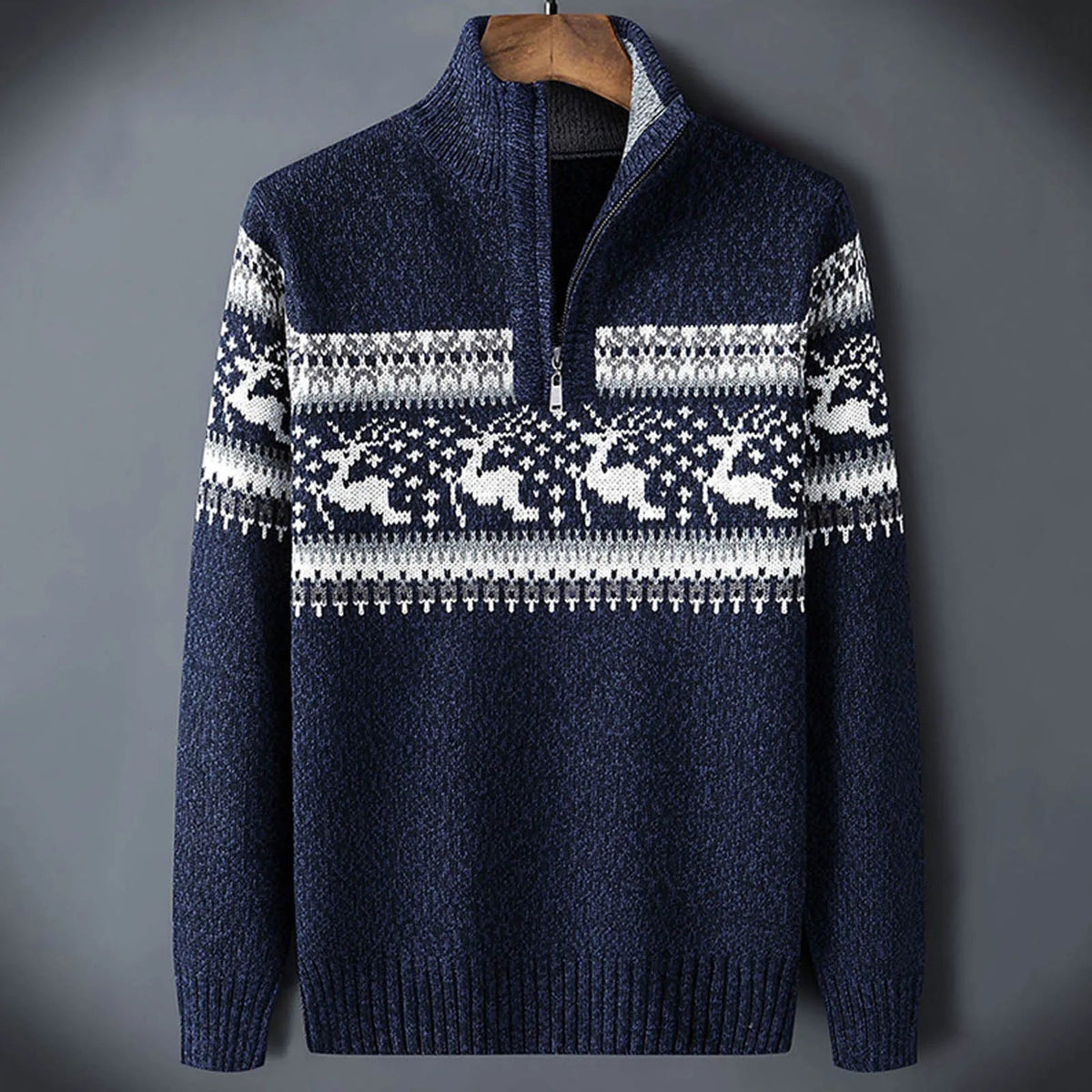 Pull homme maille à motif rennes col montant demi-zip