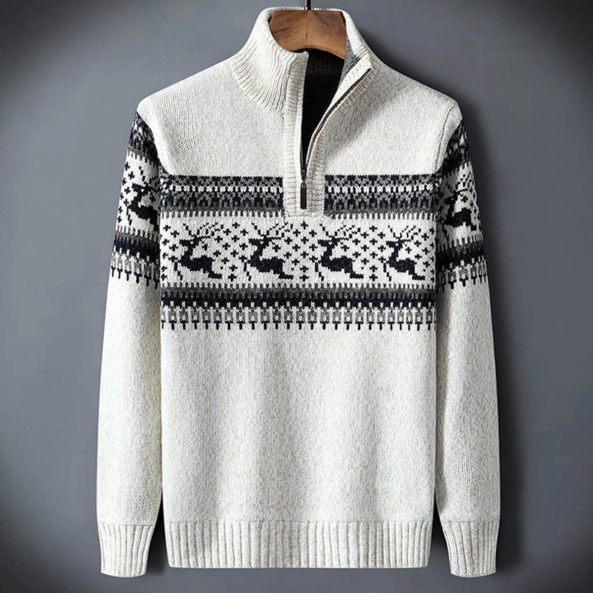 Pull homme maille à motif rennes col montant demi-zip