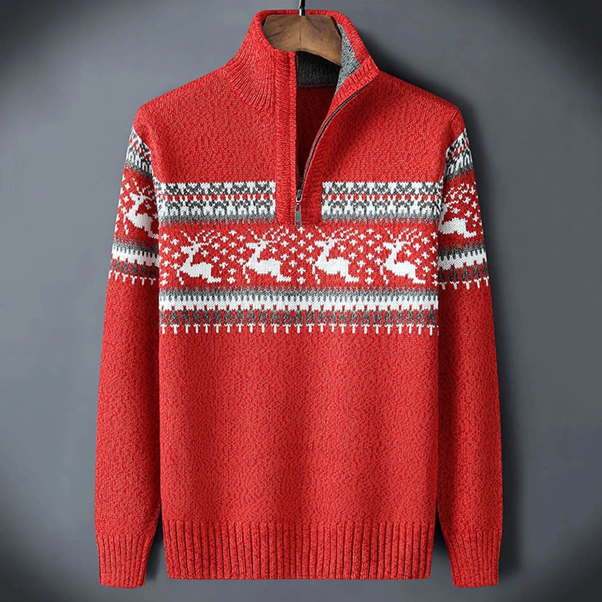 Pull homme maille à motif rennes col montant demi-zip