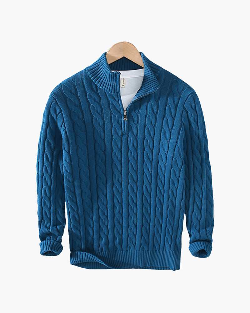Pull homme maille torsadée col montant demi-zip
