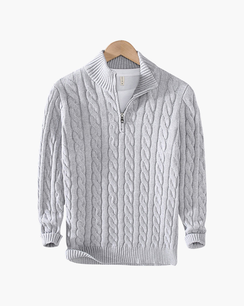 Pull homme maille torsadée col montant demi-zip