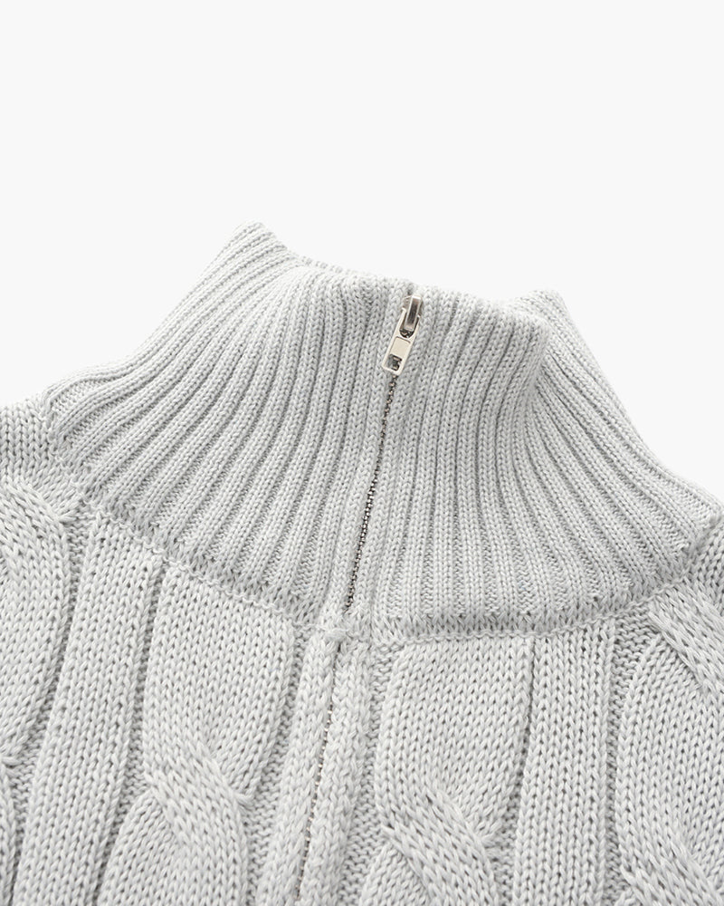 Pull homme maille torsadée col montant demi-zip