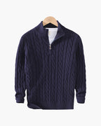 Pull homme maille torsadée col montant demi-zip