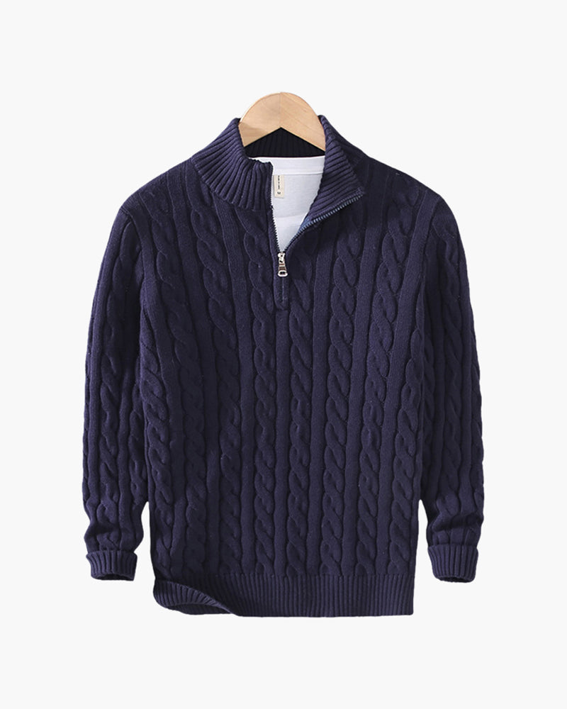 Pull homme maille torsadée col montant demi-zip