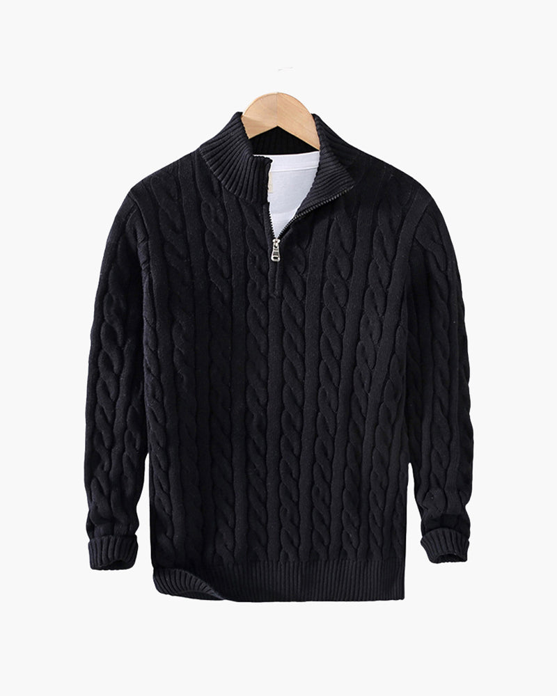 Pull homme maille torsadée col montant demi-zip