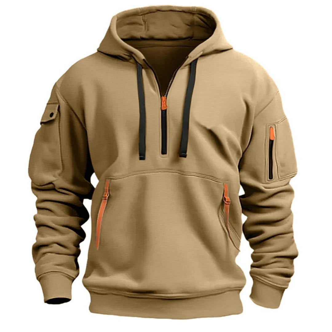 Sweat homme à capuche demi-zip manches longues
