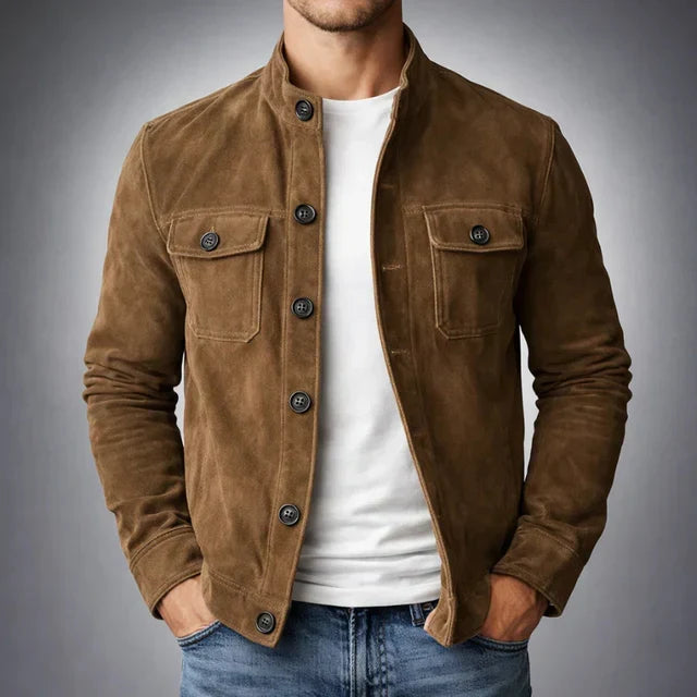 Veste homme effet daim col montant boutonnée