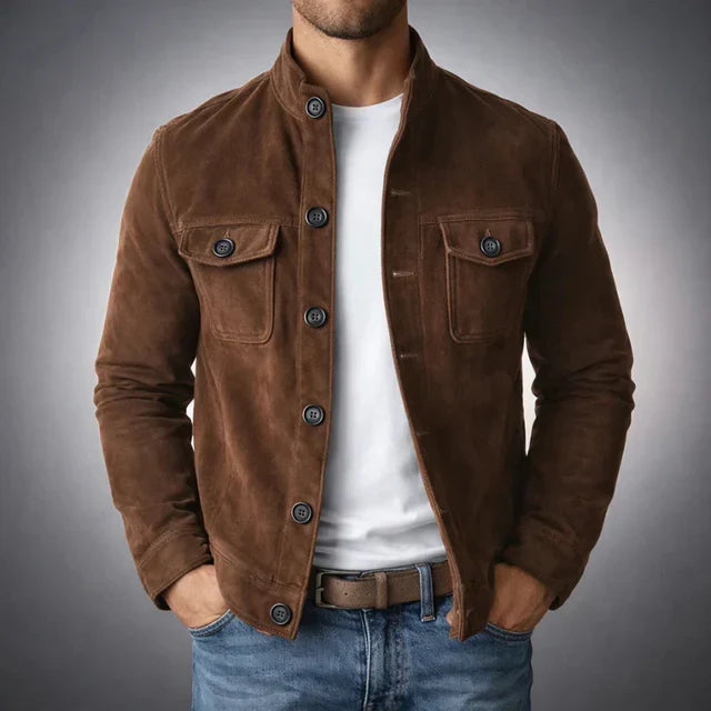 Veste homme effet daim col montant boutonnée