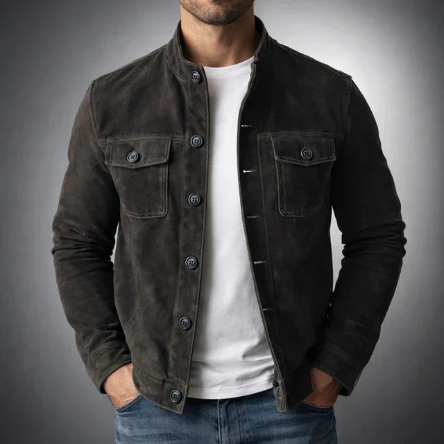 Veste homme effet daim col montant boutonnée