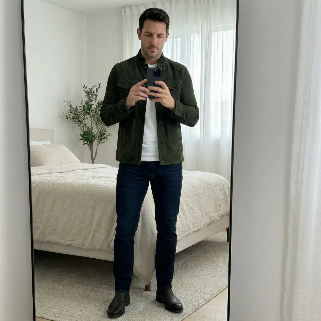 Veste homme effet daim col montant boutonnée