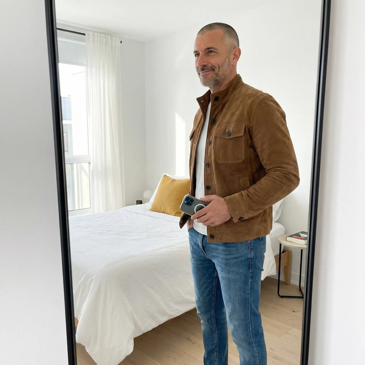 Veste homme effet daim col montant boutonnée