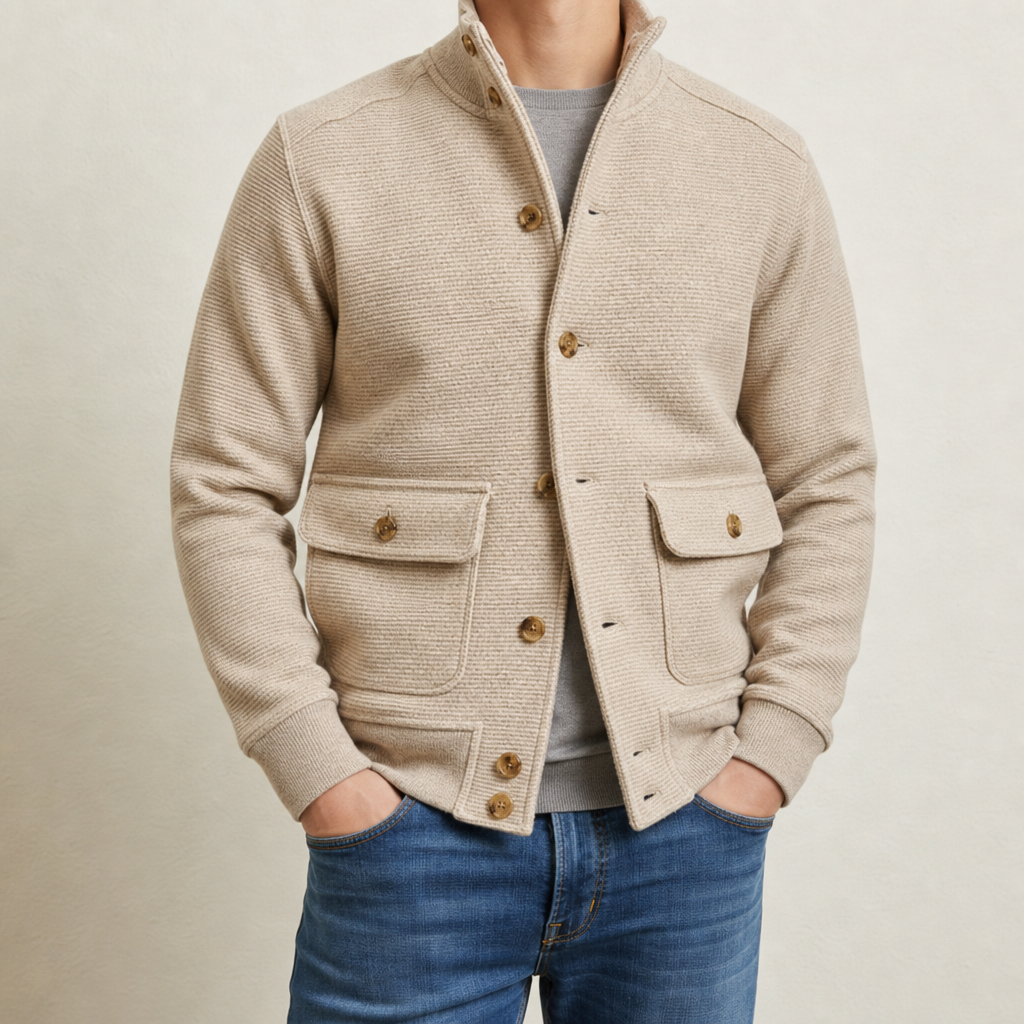 Veste homme maille col montant boutonnée