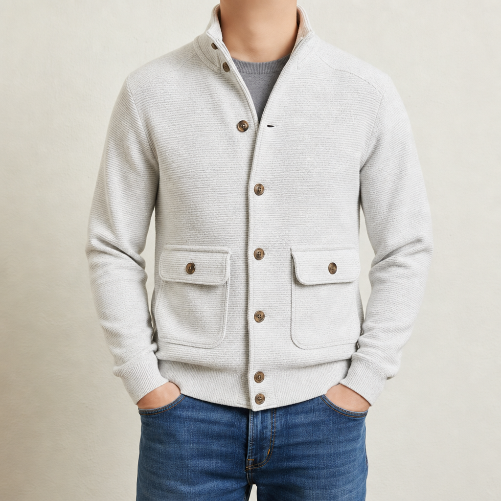 Veste homme maille col montant boutonnée