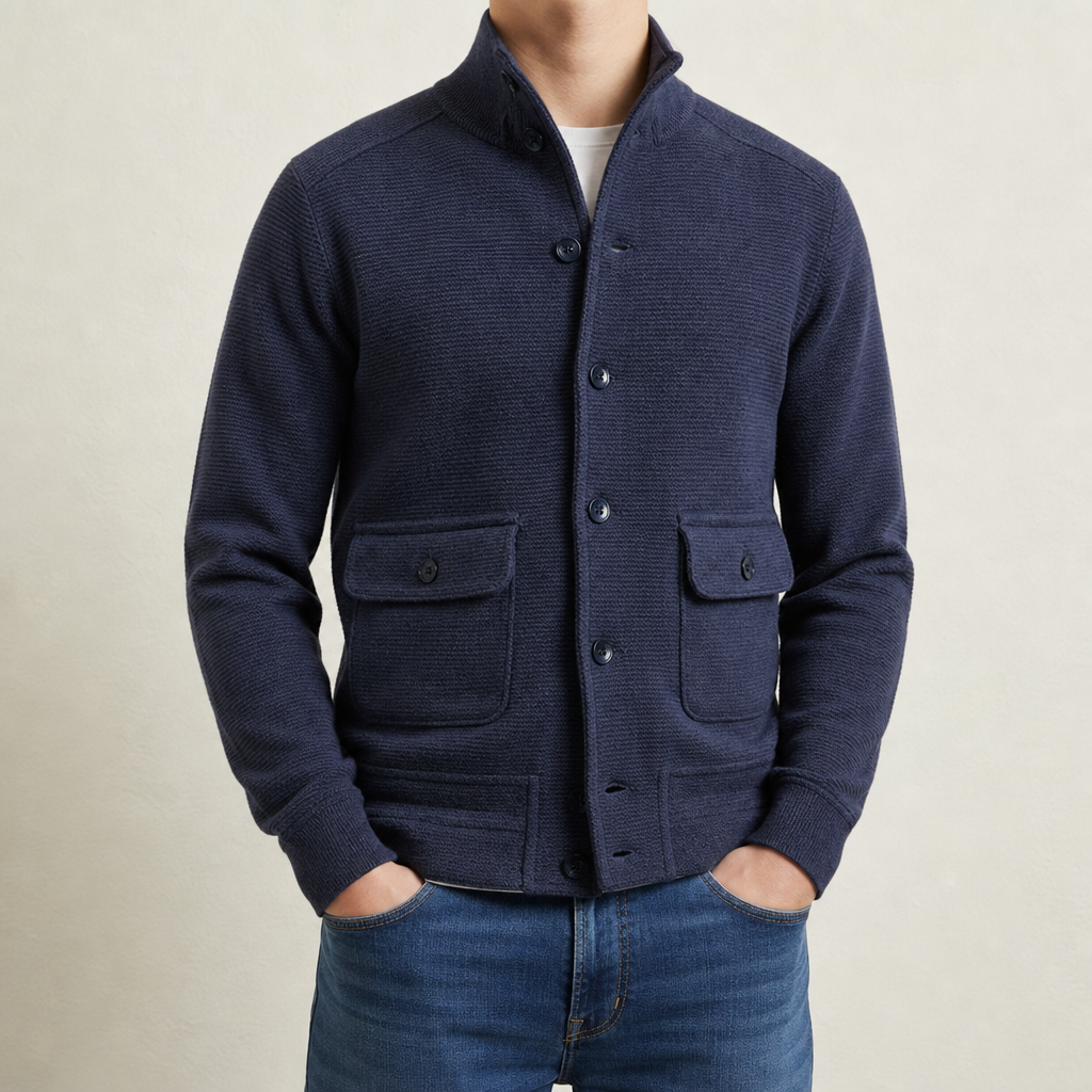 Veste homme maille col montant boutonnée