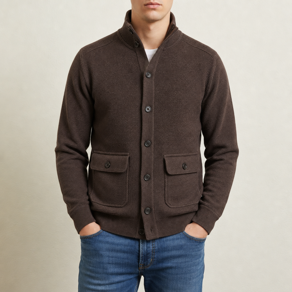 Veste homme maille col montant boutonnée