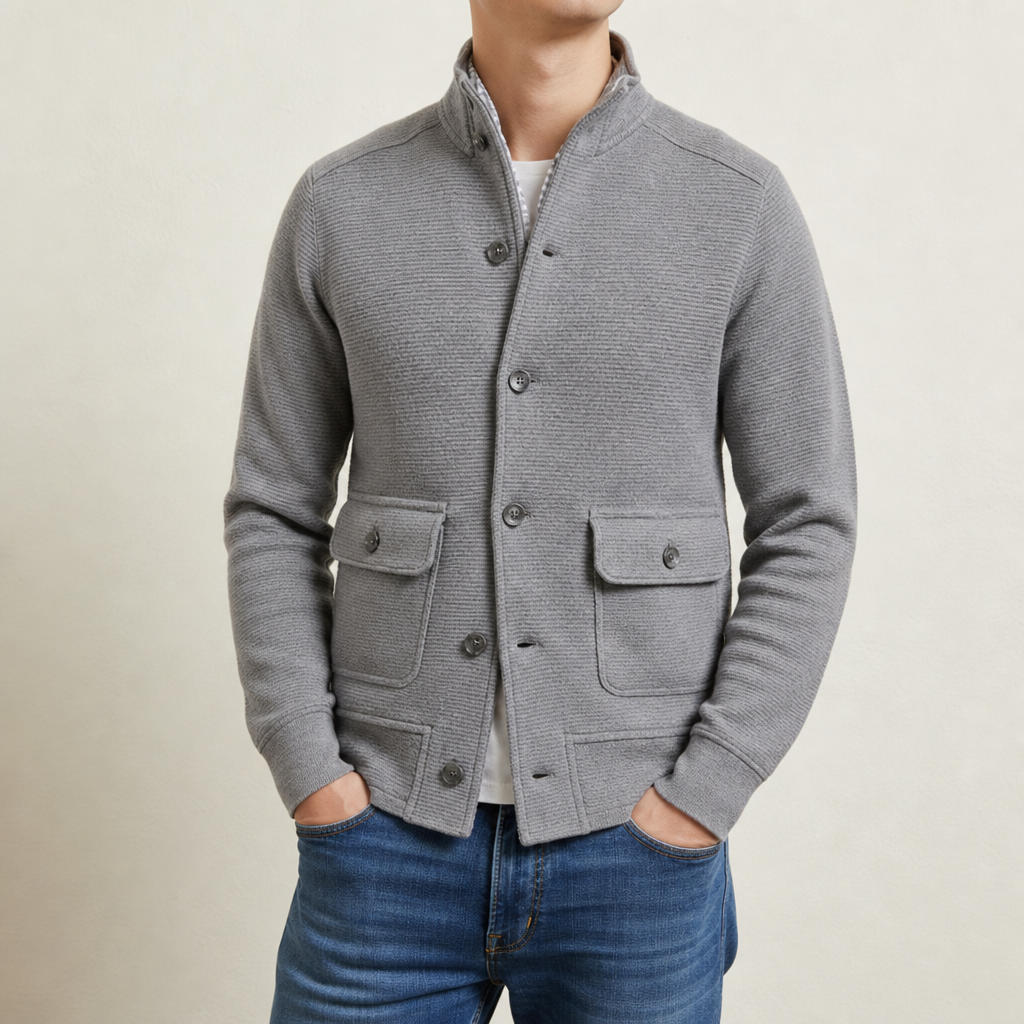 Veste homme maille col montant boutonnée
