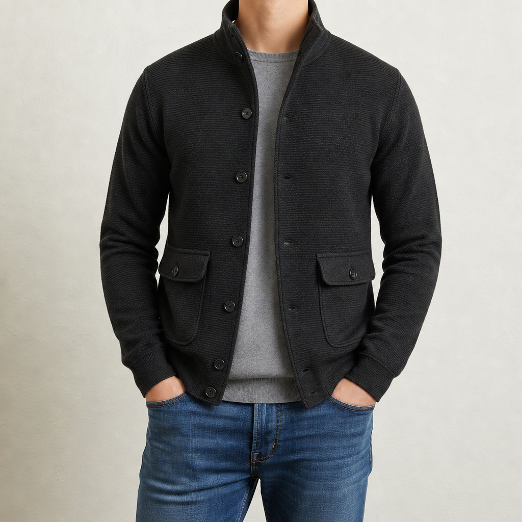 Veste homme maille col montant boutonnée